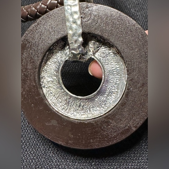 Artisan Necklace Brutalist Statement Brown Wood Ring Silver Tone Braided 3405 W - Picture 15 of 15
